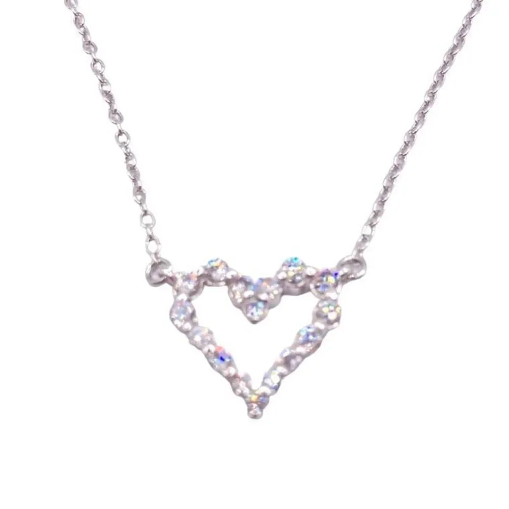 Silver Chain Open Rhinestone Heart Pendant Necklace